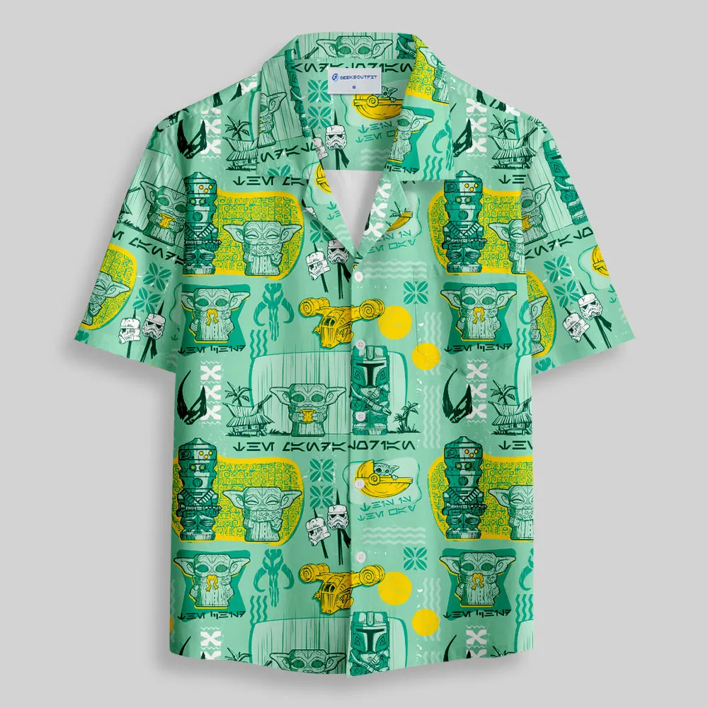 Hawaiian Traditional Tiki Green Button Up Pocket Shirt - Image 2