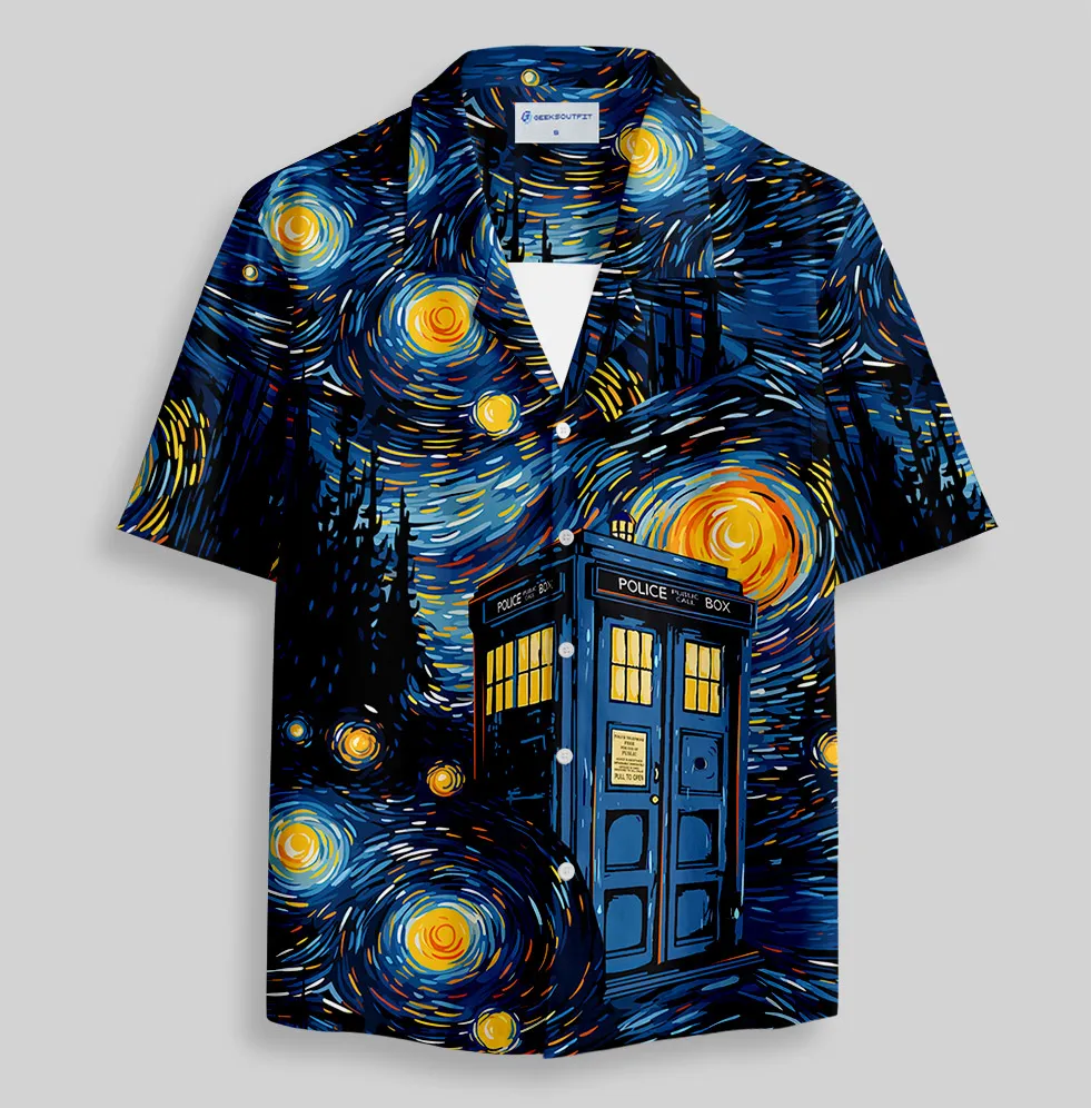 Starry Night Phone Booth Button Up Pocket Shirt - Image 2