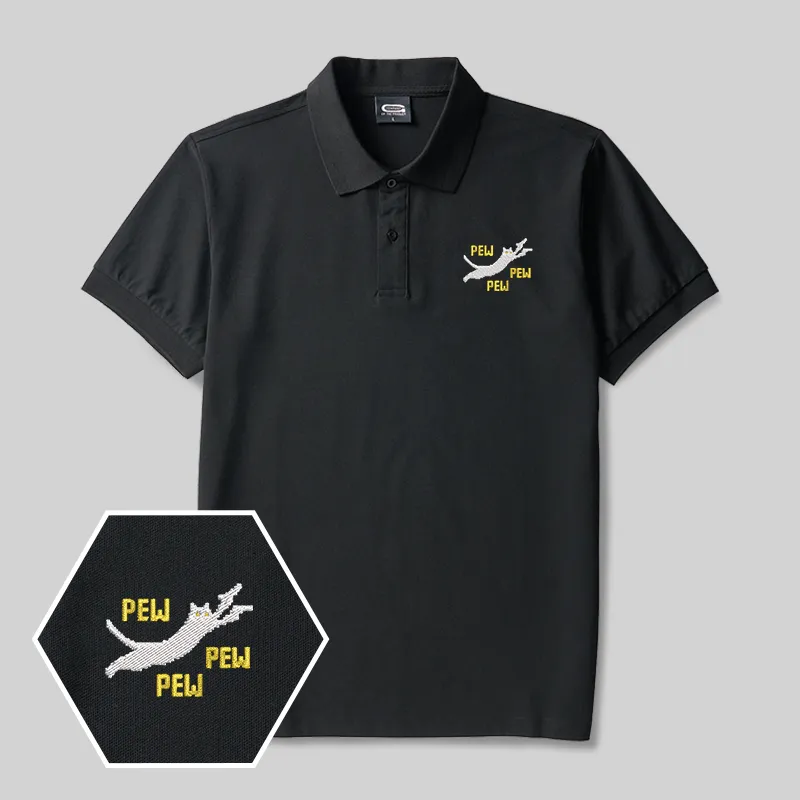 Alternative view of Pew Pew Pew Cat Geek Embroidered Polo Shirts