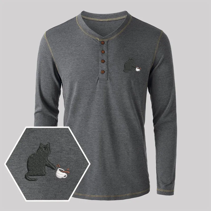 Playful Cat Embroidered Long Sleeve Henley Shirts - Image 4