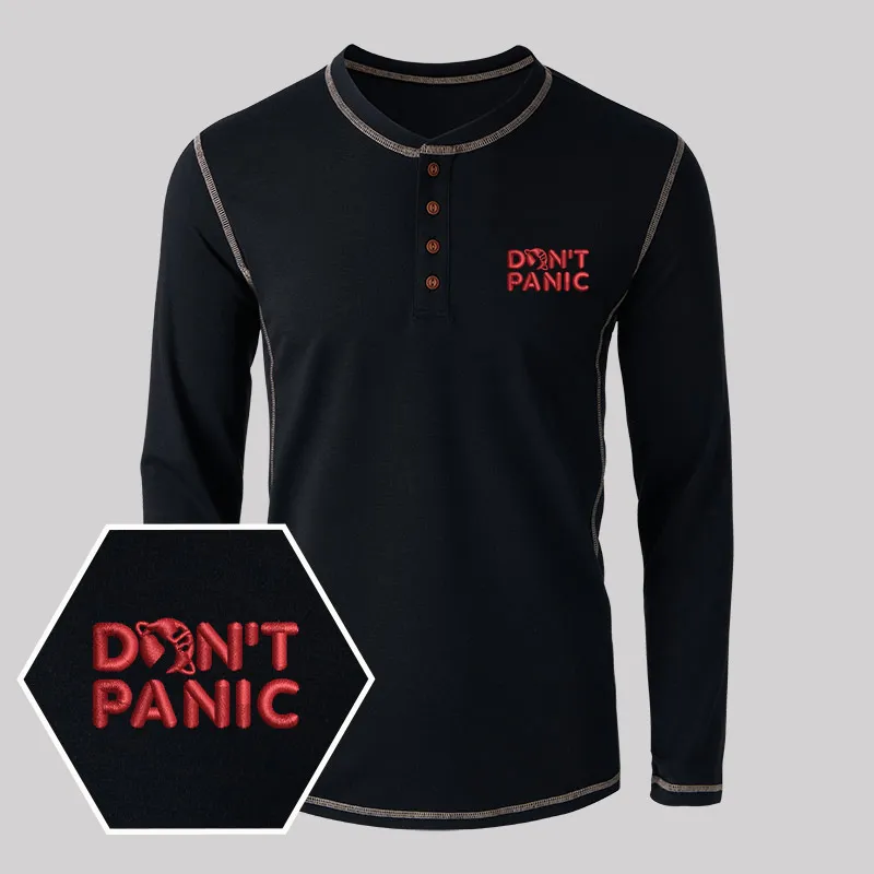 Don't Panic Embroidered Long Sleeve Henley Shirts - Image 2
