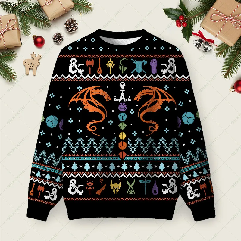 DND Dragon Dice Weapon Black Ugly Christmas Fuzzy Fleece Sweatshirt