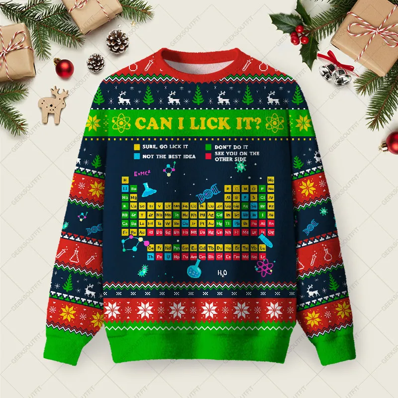 Can I Lick It Periodic Table Ugly Christmas Fuzzy Fleece Sweatshirt
