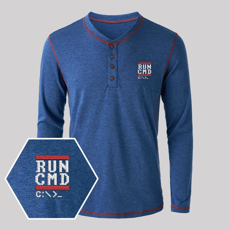 Run CMD Geek Embroidered Long Sleeve Henley Shirts - Image 4