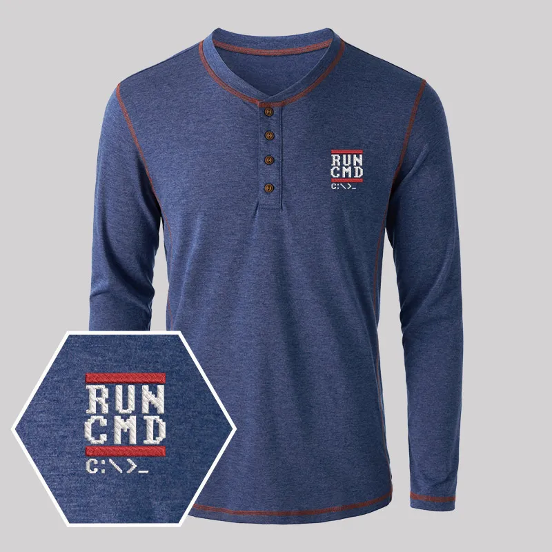 Run CMD Geek Embroidered Long Sleeve Henley Shirts