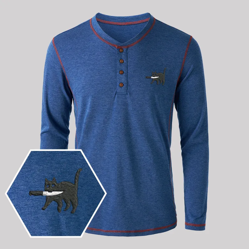 Samurai Cat Geek Embroidered Long Sleeve Henley Shirts - Image 3