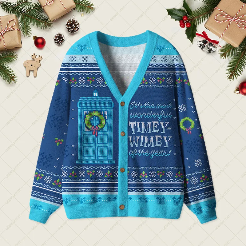 Timey Wimey Blue Geek Ugly Cardigan Sweaters