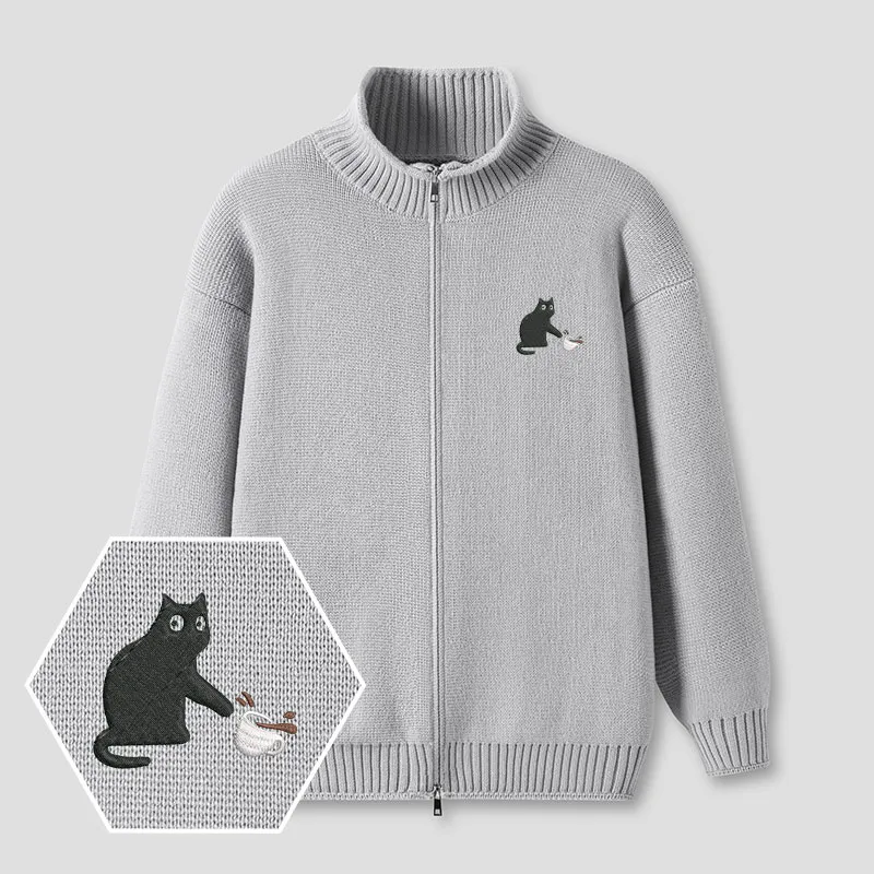 Playful Cat Embroidered Full‑Zip Cardigan