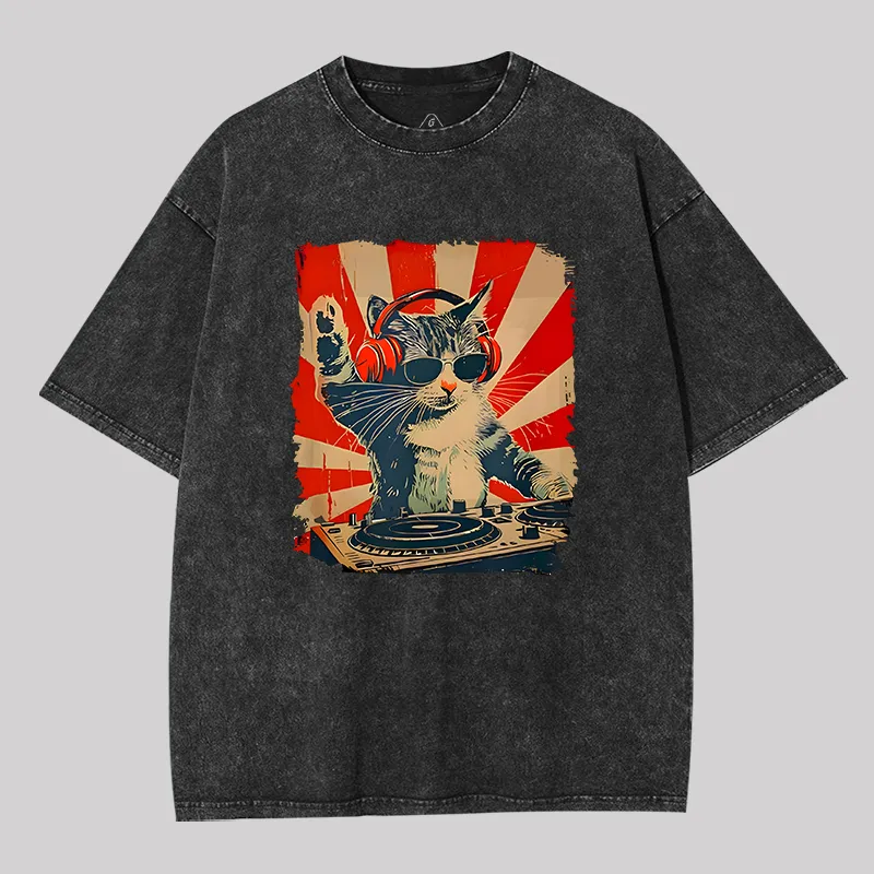 Rock Music Cat Vintage Geek Washed T-shirt