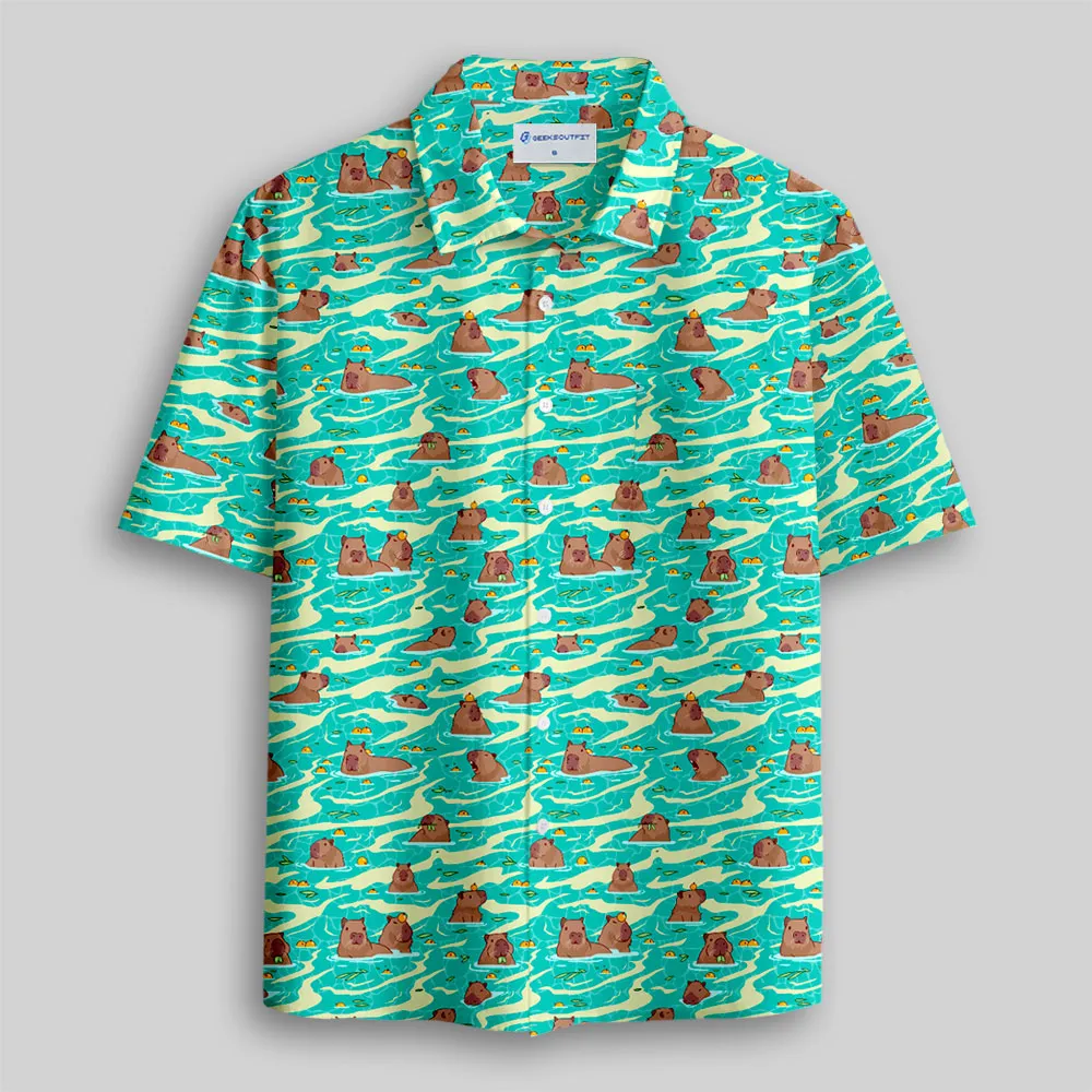 Capybara Swimming Hawaii Button Up Pocket Shirt