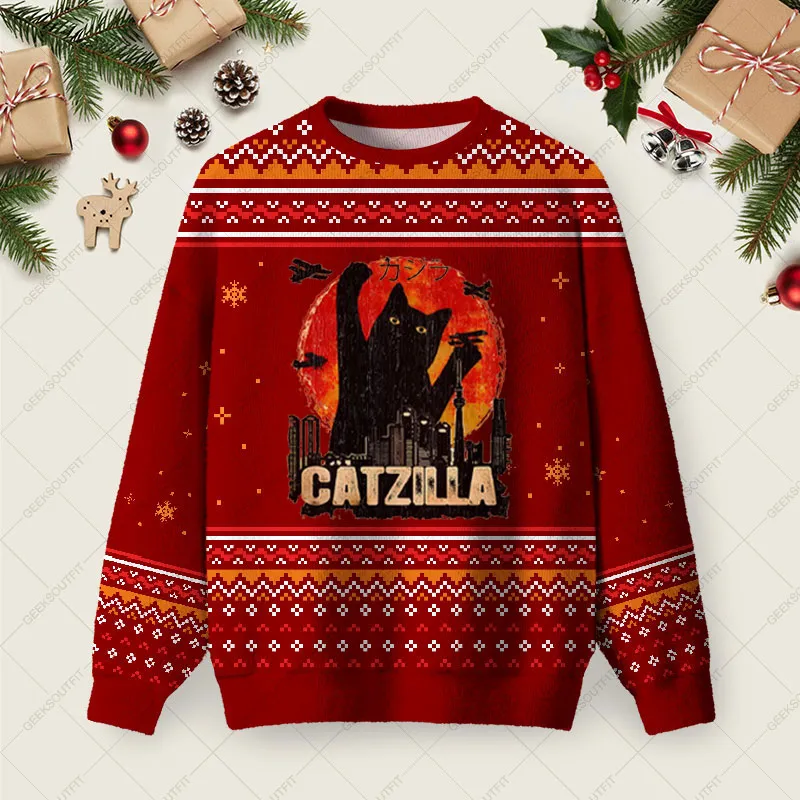 Black Cat Ugly Christmas Fuzzy Fleece Sweatshirt