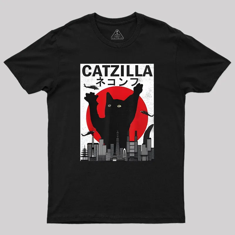 Vintage Catzilla Japanese Sunset Style T-Shirt