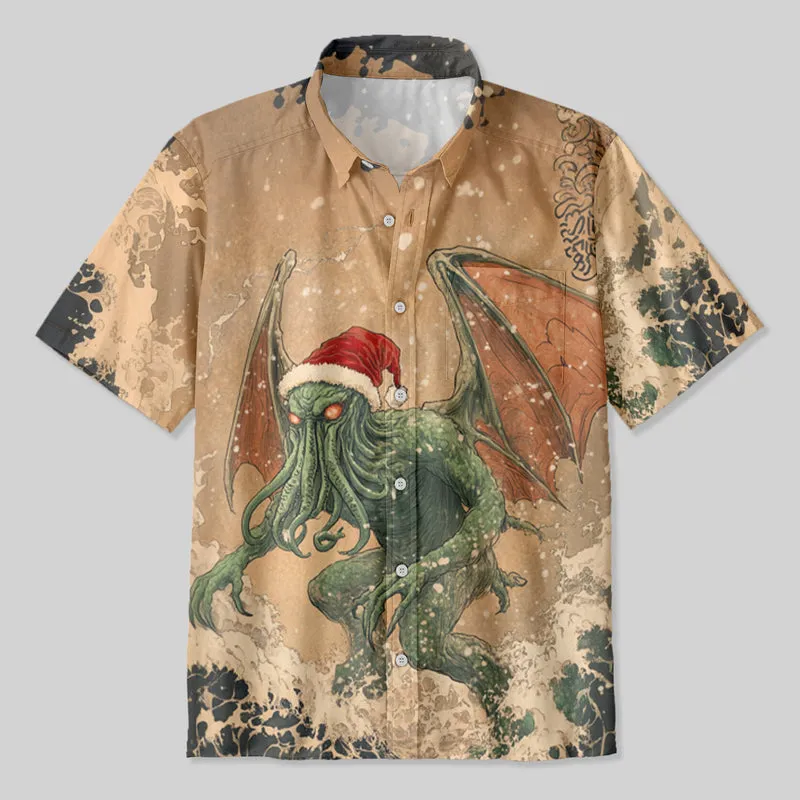 Ukiyoe Christmas Surfing Cthulhu Button Up Pocket Shirt