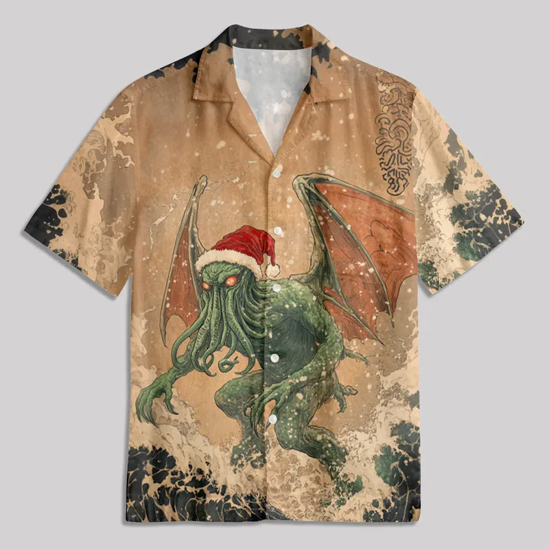 Ukiyoe Christmas Surfing Cthulhu Button Up Pocket Shirt - Image 2