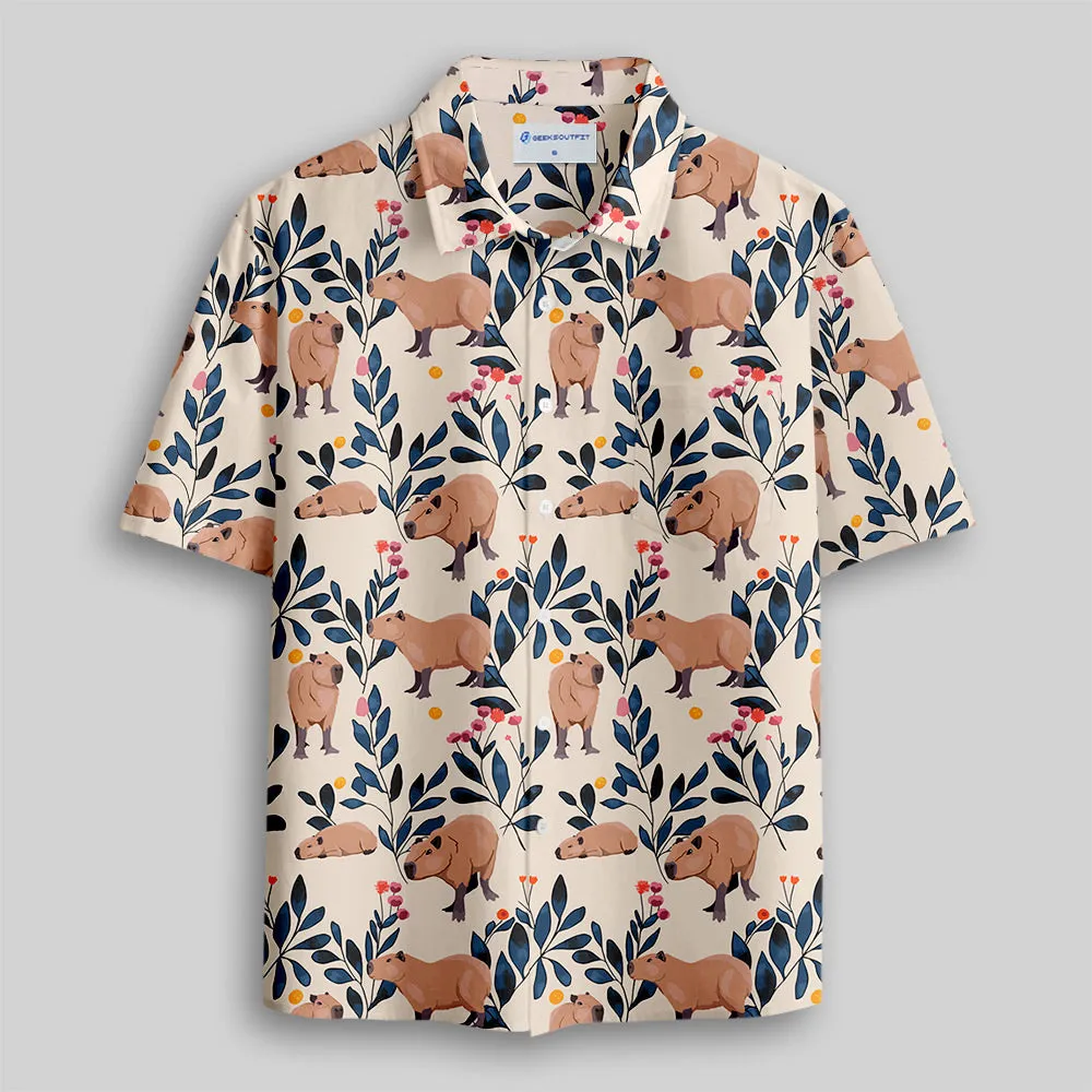 Capybara and Plants Button Up Pocket Shirt