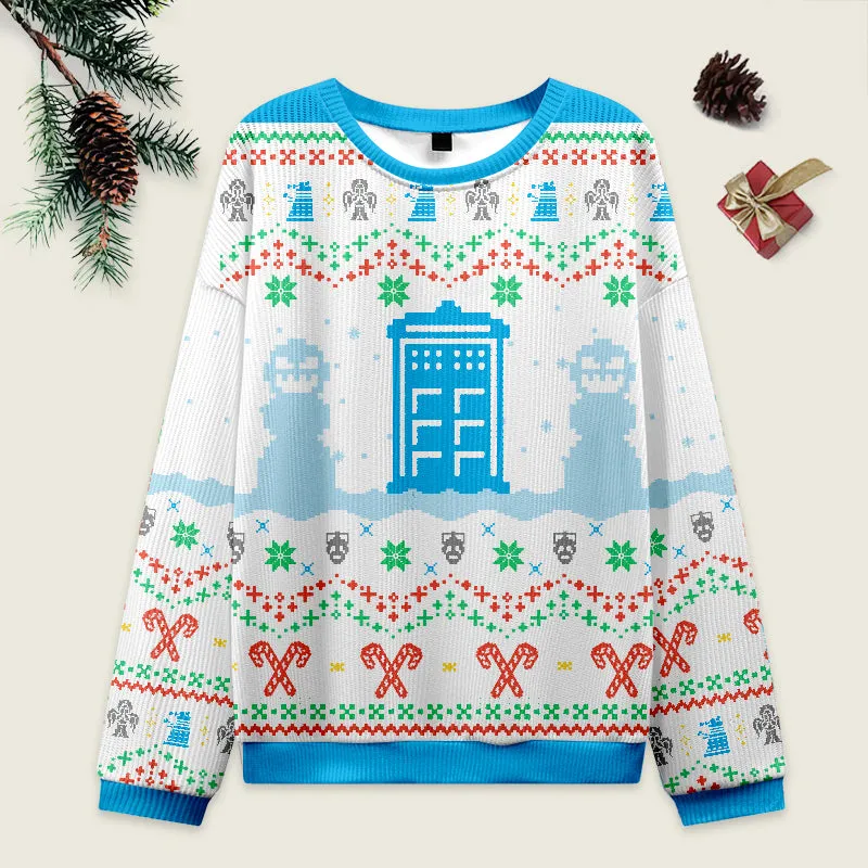 Mysterious Phone Booth White Ugly Christmas Sweater Sweatshirt