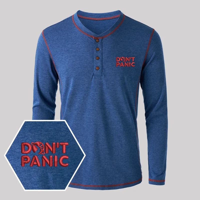 Don't Panic Embroidered Long Sleeve Henley Shirts - Image 4