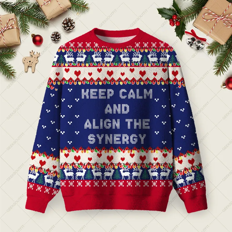 Keep Calm And Align The Synergy Ugly Christmas Fuzzy Fleece Sweatshirt