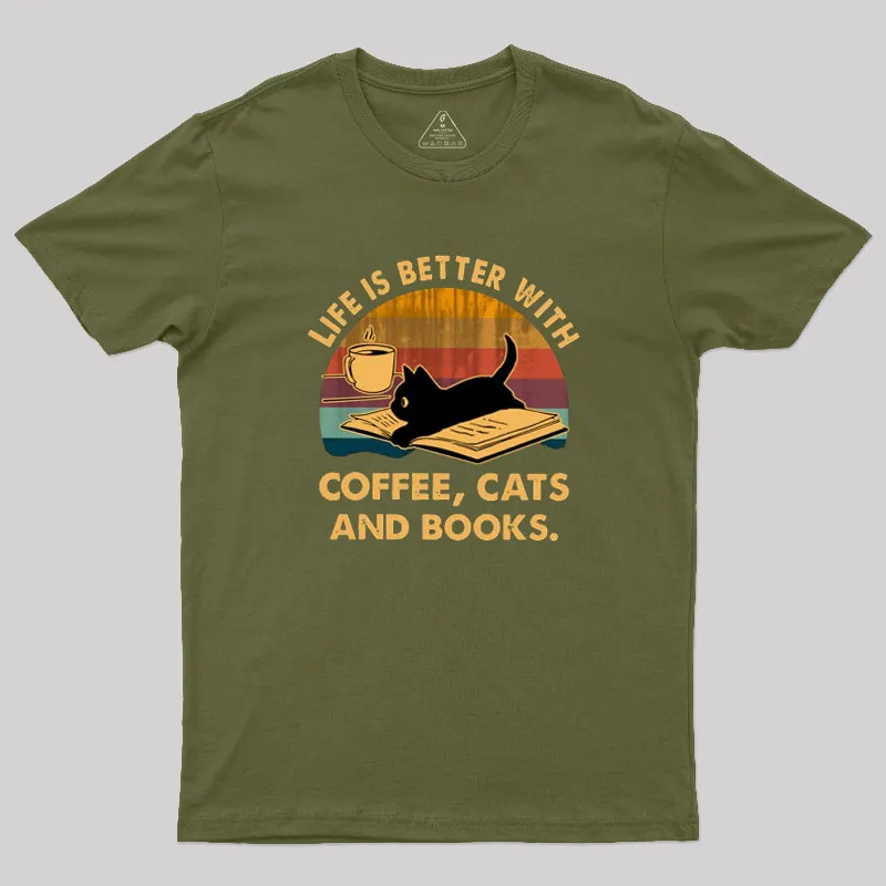 Life Is Better With Coffee Cats And Books Geek T-Shirt - Image 3