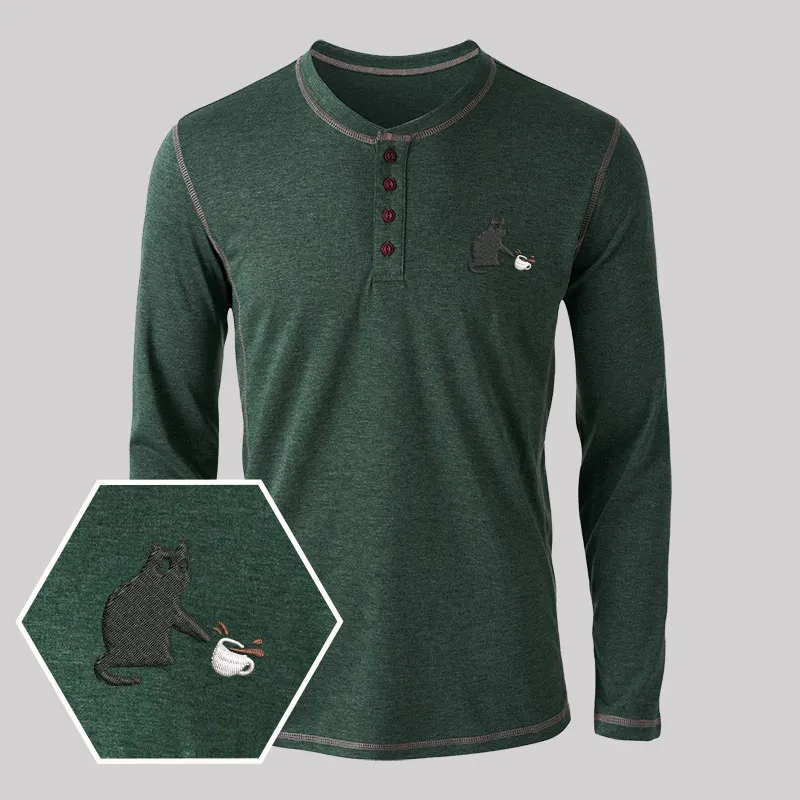 Playful Cat Embroidered Long Sleeve Henley Shirts - Image 5
