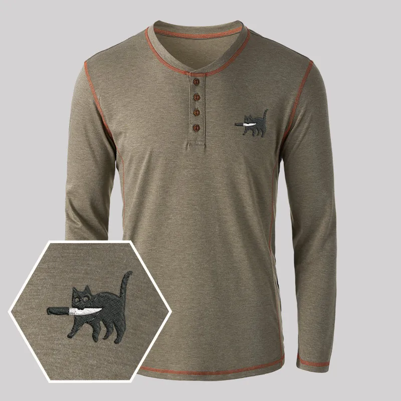 Samurai Cat Geek Embroidered Long Sleeve Henley Shirts - Image 5