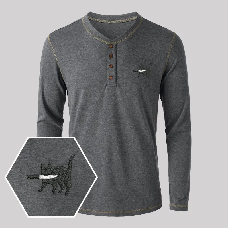 Samurai Cat Geek Embroidered Long Sleeve Henley Shirts - Image 2