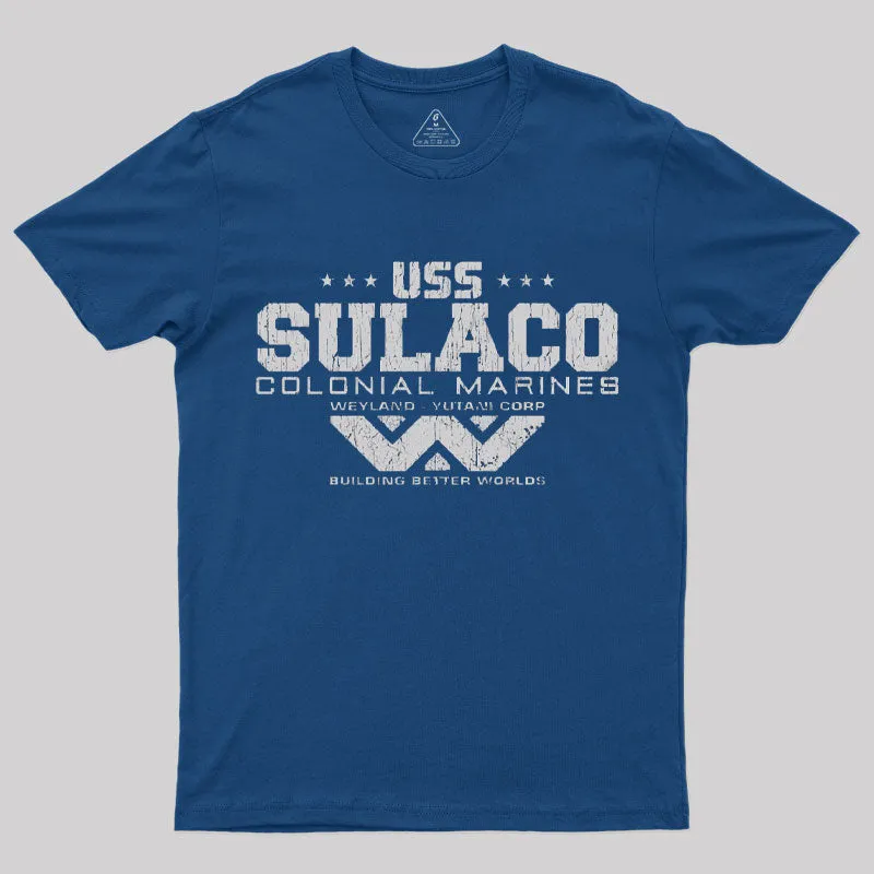 Alternative view of USS SULACO - Weyland Corp T-Shirt
