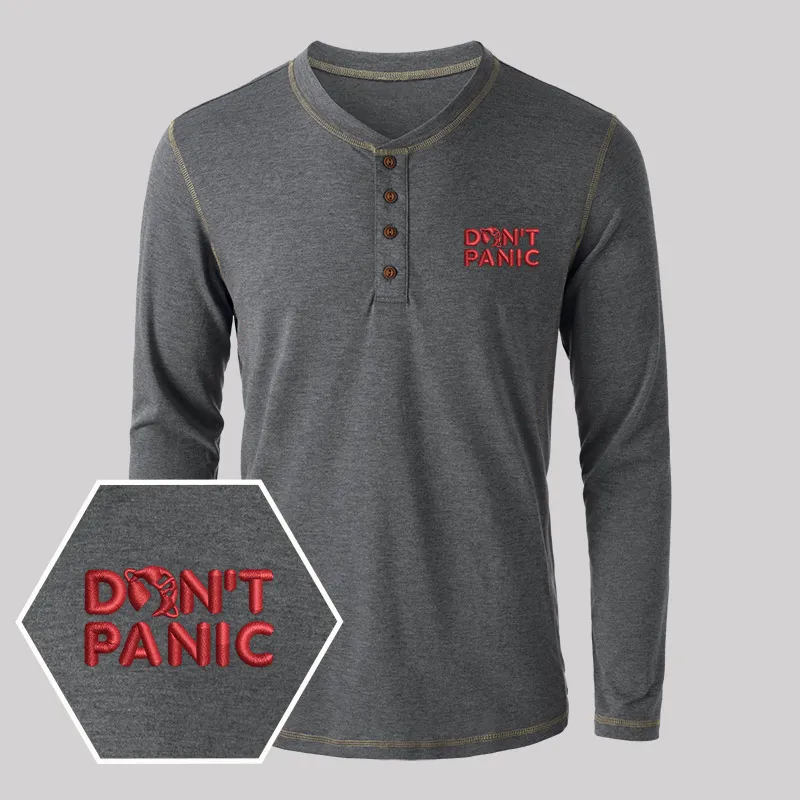 Don't Panic Embroidered Long Sleeve Henley Shirts - Image 3
