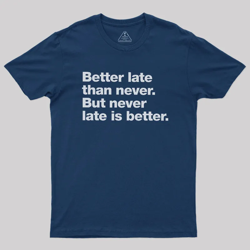 Alternative view of Better Late Than Never Geek T-Shirt