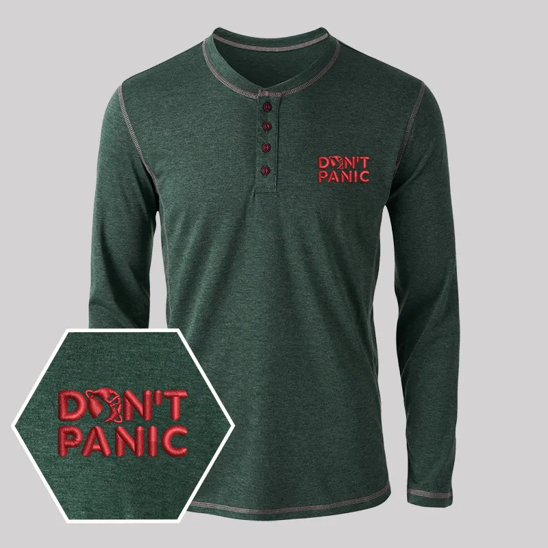 Don't Panic Embroidered Long Sleeve Henley Shirts - Image 5