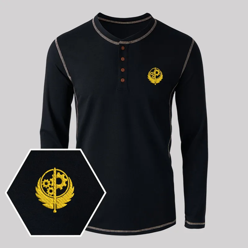 Alternative view of Brotherhood of Steel Geek Embroidered Long Sleeve Henley Shirts