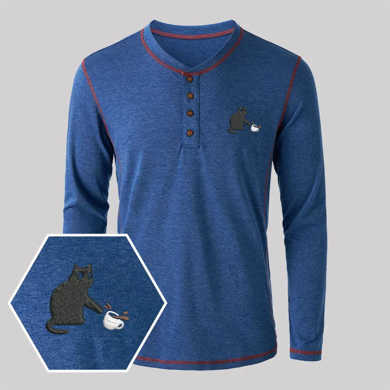 Playful Cat Embroidered Long Sleeve Henley Shirts - Image 2