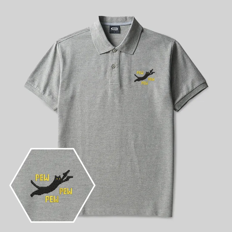 Pew Pew Pew Cat Geek Embroidered Polo Shirts