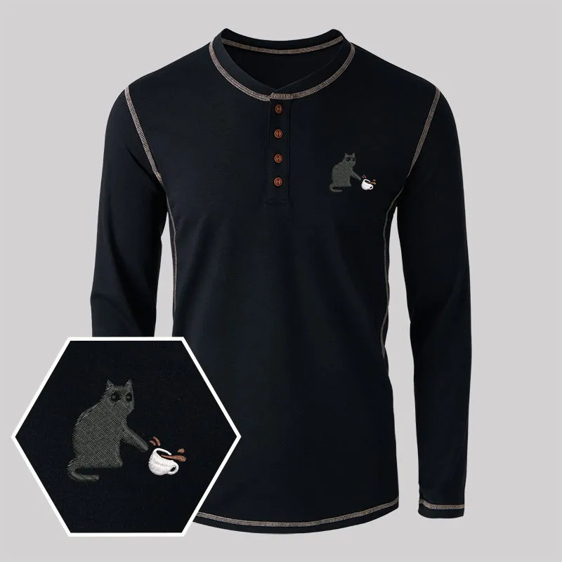 Playful Cat Embroidered Long Sleeve Henley Shirts - Image 3