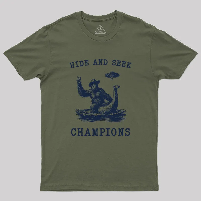 Alternative view of Hide And Seek Ufo Retro Bigfoot Riding Dinosaur Geek T-Shirt