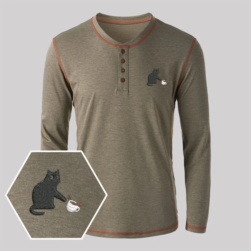 Playful Cat Embroidered Long Sleeve Henley Shirts - Image 6