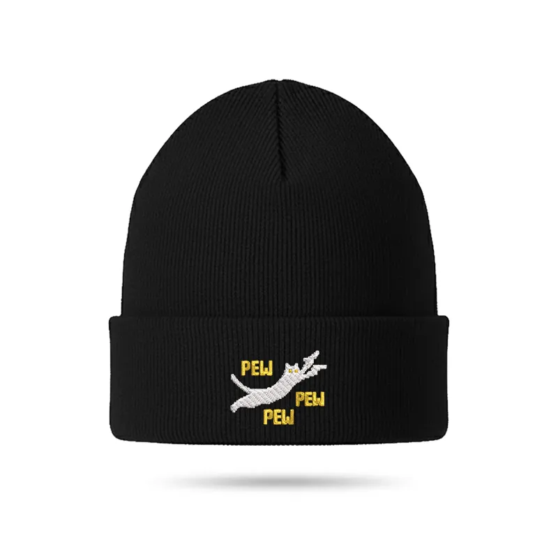 Pew Pew Pew Cat Geek Embroidered Beanie