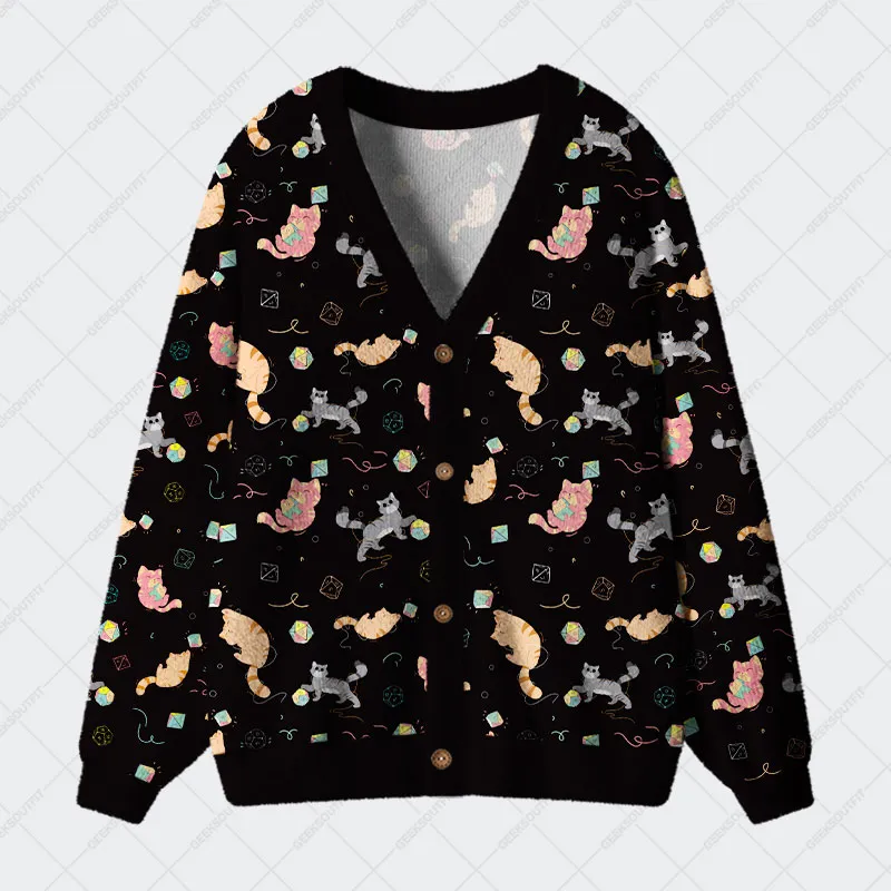 DND Dice Cat Geek Ugly Cardigan Sweaters
