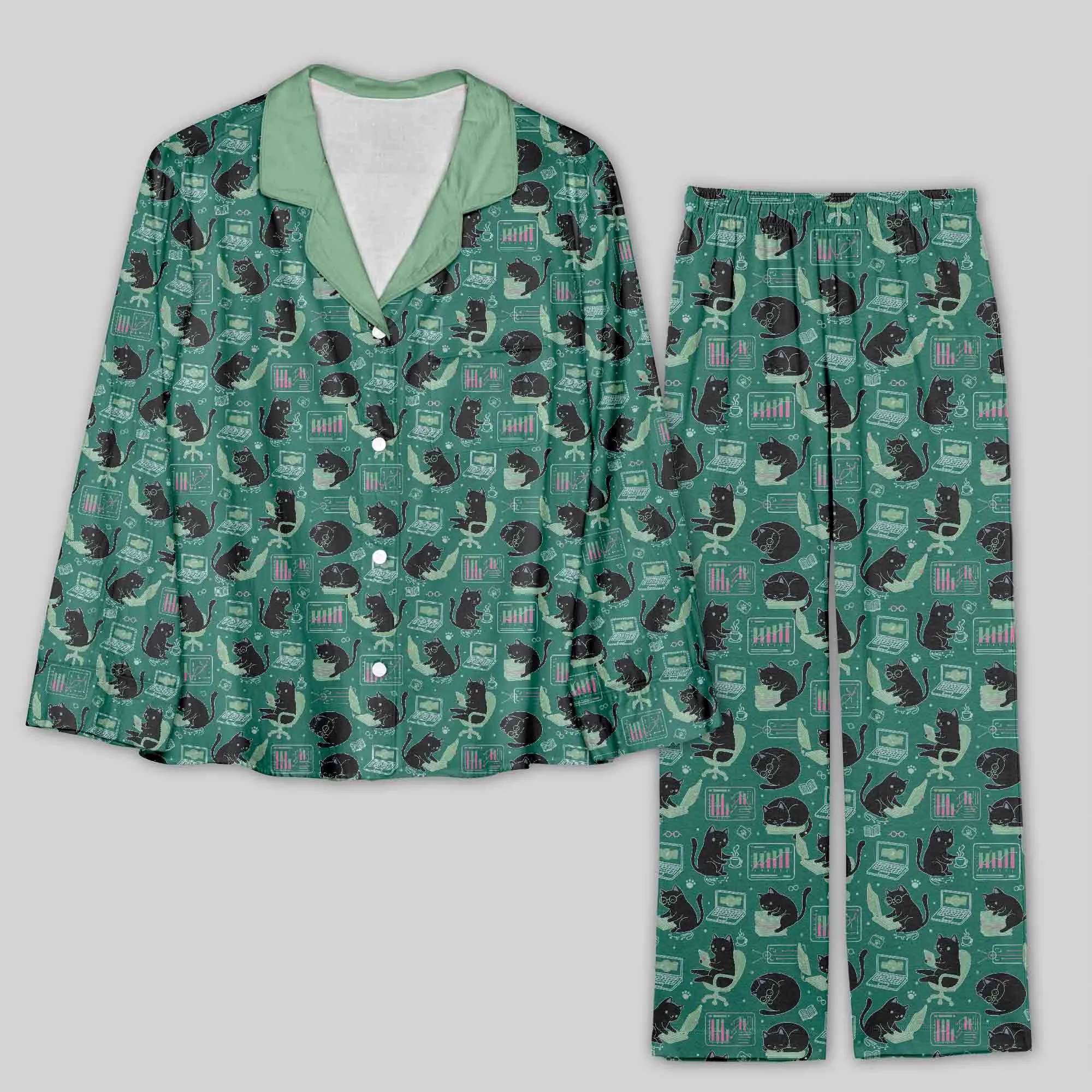 Cat Pattern With Data Print Geek Pajama Sets