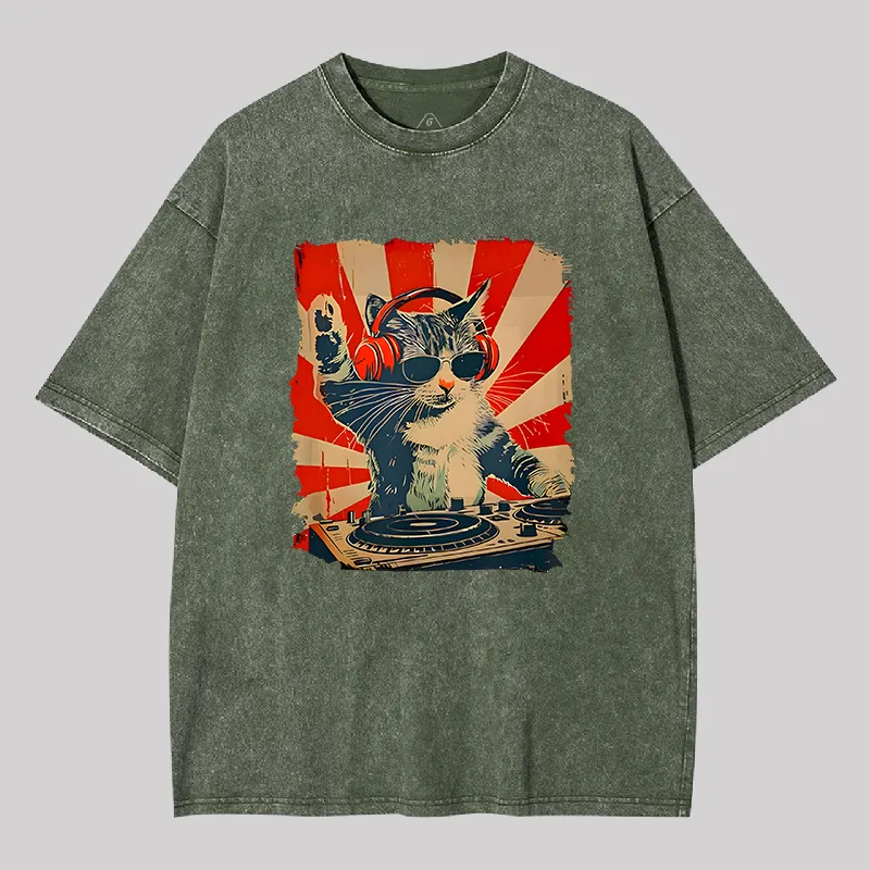 Rock Music Cat Vintage Geek Washed T-shirt - Image 3