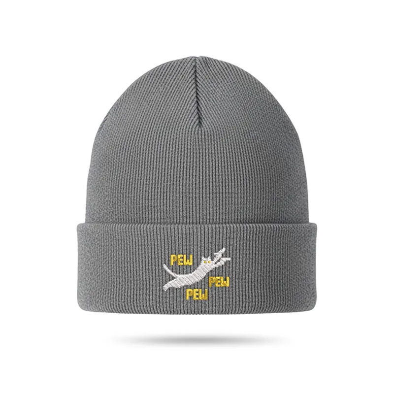 Pew Pew Pew Cat Geek Embroidered Beanie - Image 2