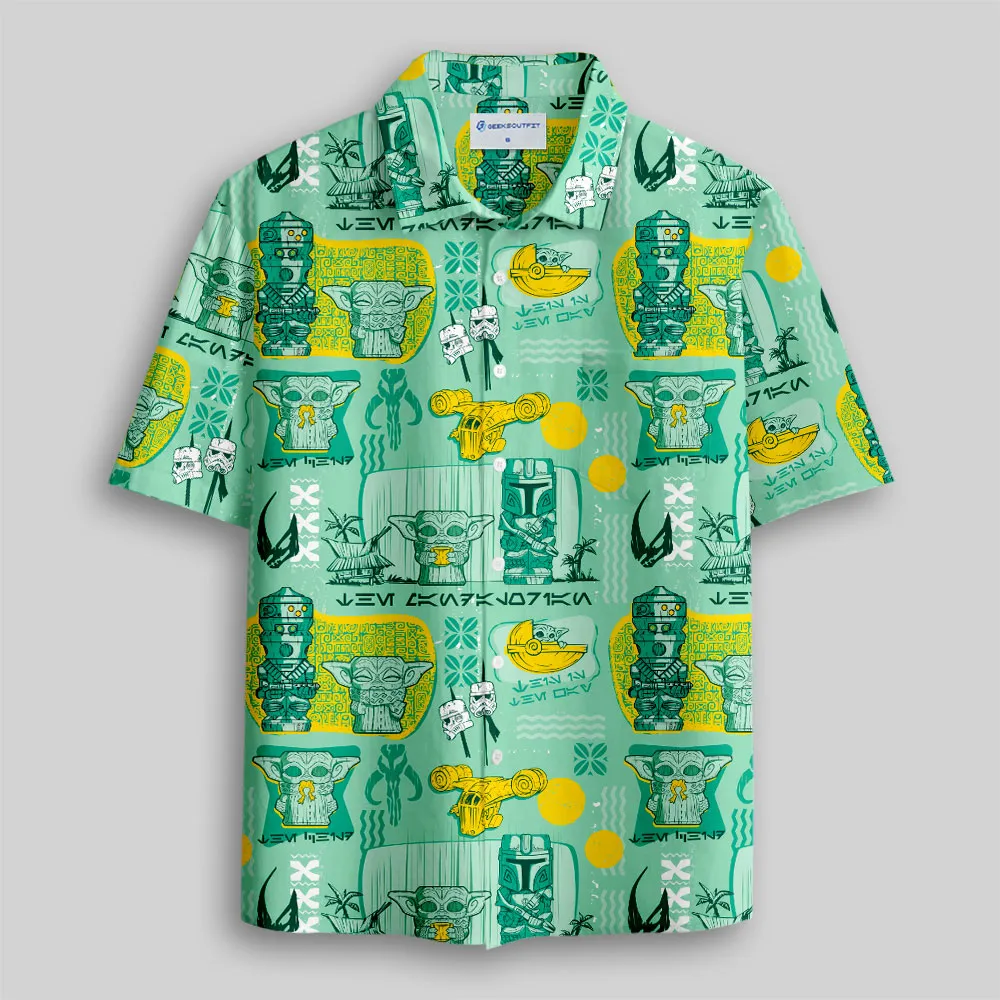 Hawaiian Traditional Tiki Green Button Up Pocket Shirt
