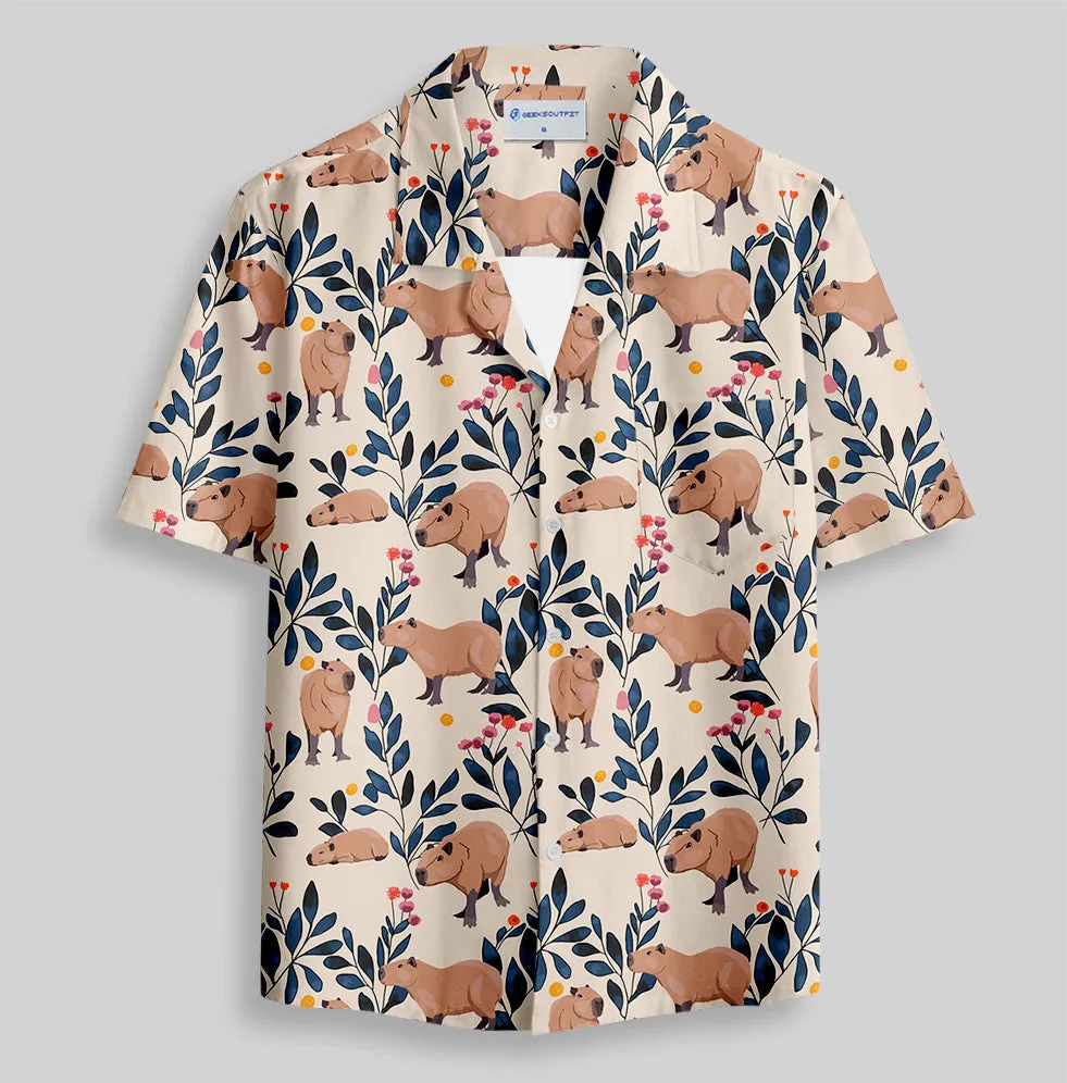 Capybara and Plants Button Up Pocket Shirt - Image 2
