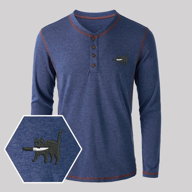 Samurai Cat Geek Embroidered Long Sleeve Henley Shirts