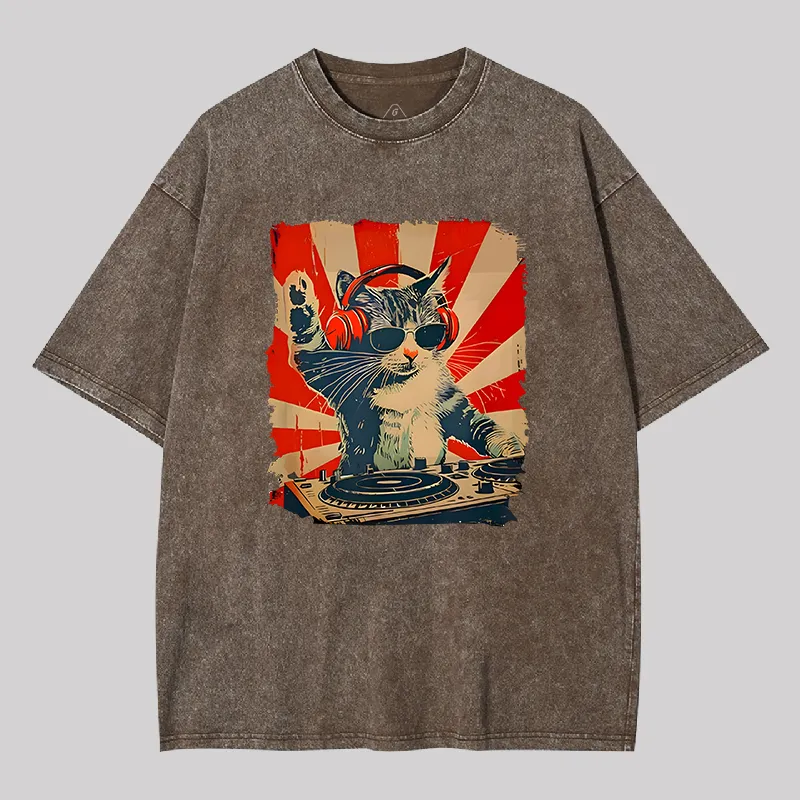 Rock Music Cat Vintage Geek Washed T-shirt - Image 4