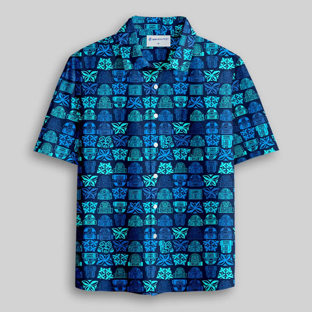 Robot Hawaiian Pattern Button Up Pocket Shirt