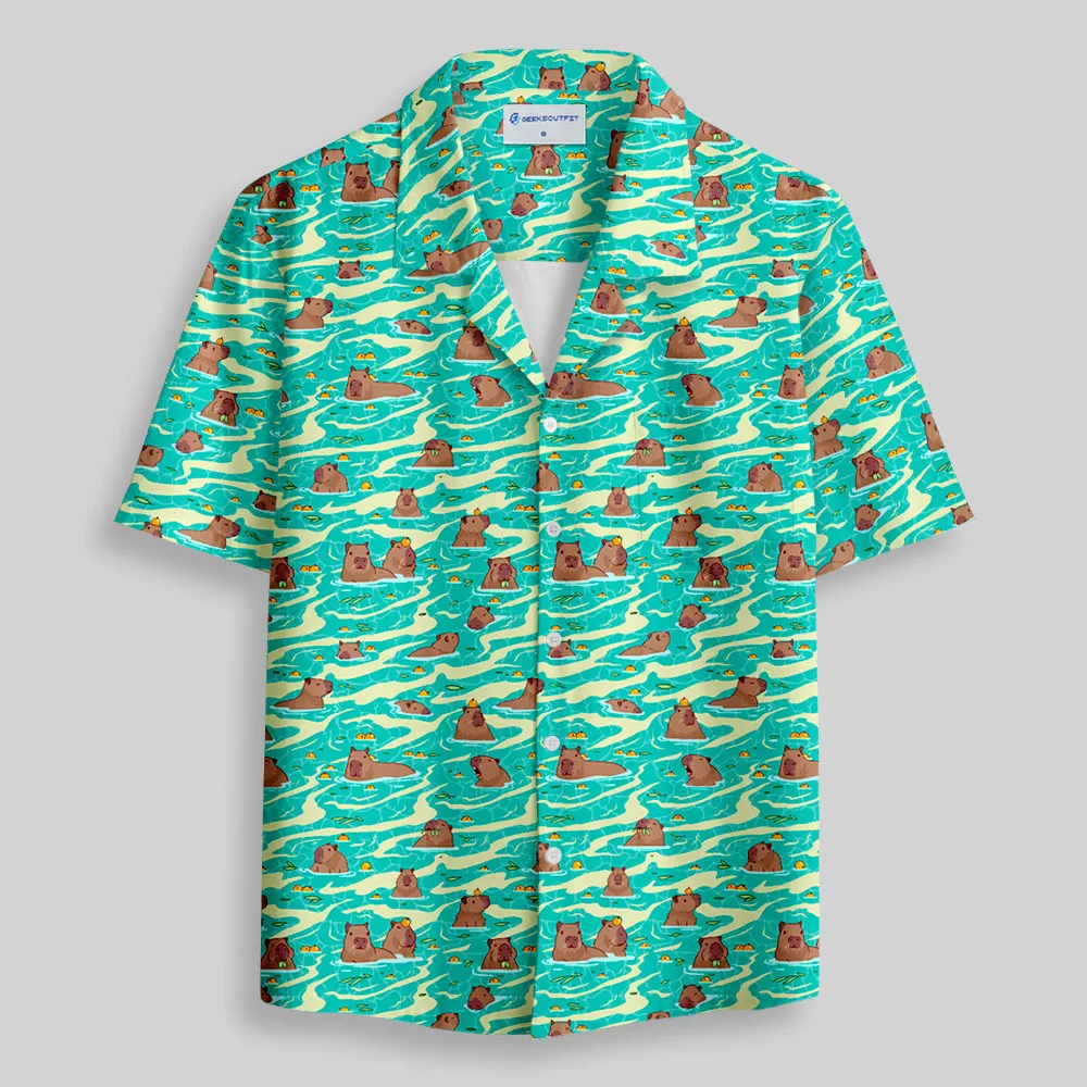 Capybara Swimming Hawaii Button Up Pocket Shirt - Image 2