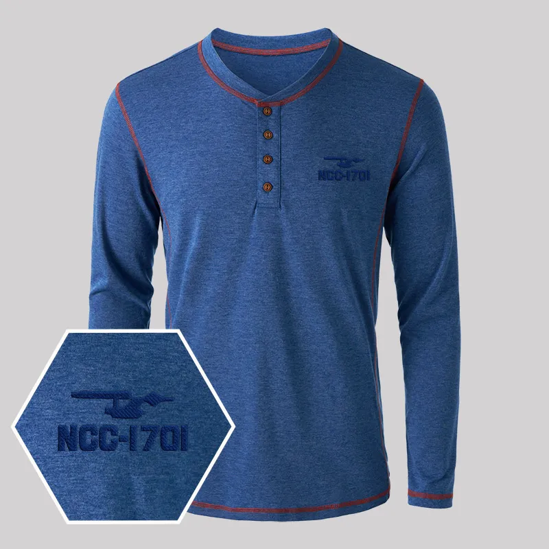 Alternative view of Scifi Spacecraft Embroidered Long Sleeve Henley Shirts