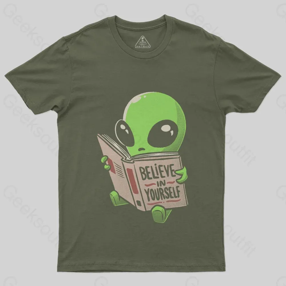 Believe in Yourself Funny Book Alien T-Shirt - Image 3