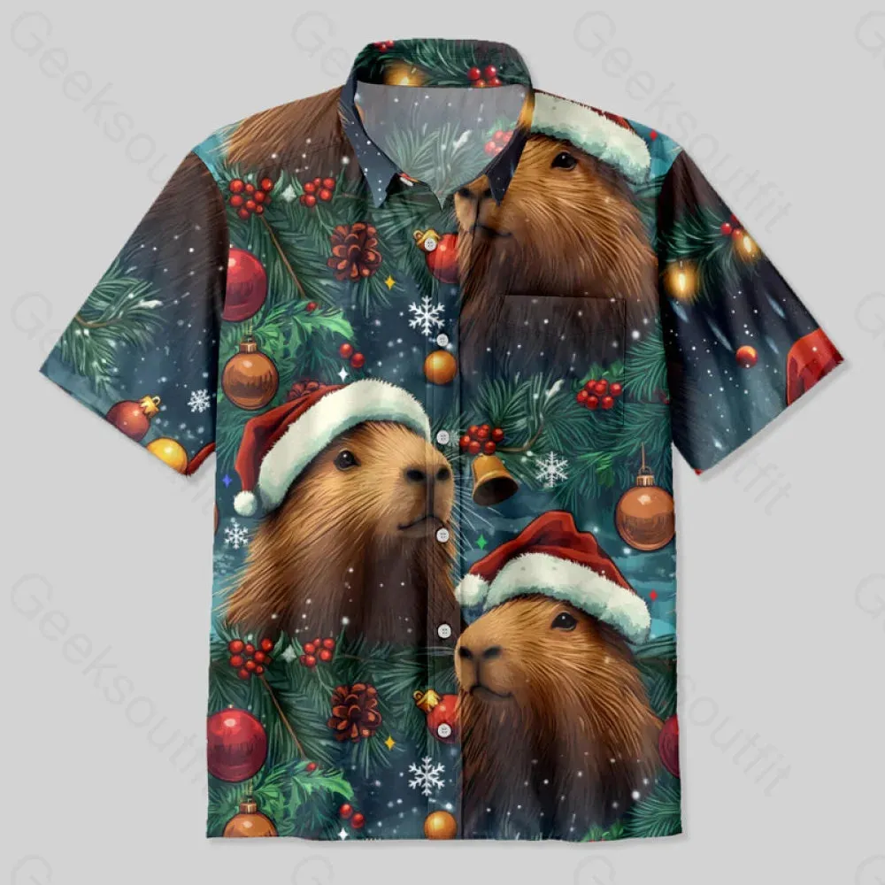 Christmas Capybara Button Up Pocket Shirt